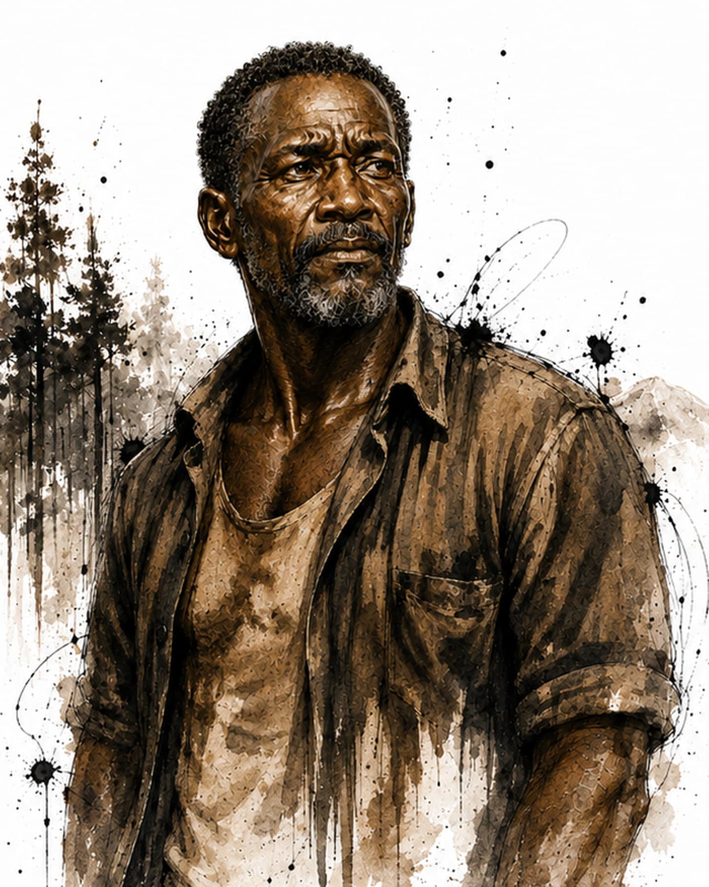 Character-development concept artwork of Vusi, a mountain woodsman in practical work clothes, in sepia ink and watercolour.
